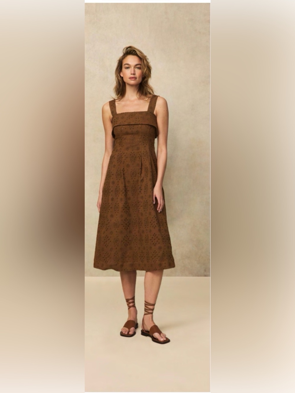 Brown Eyelet Midi Dress with Square Neck - Pearl by Lela Rose